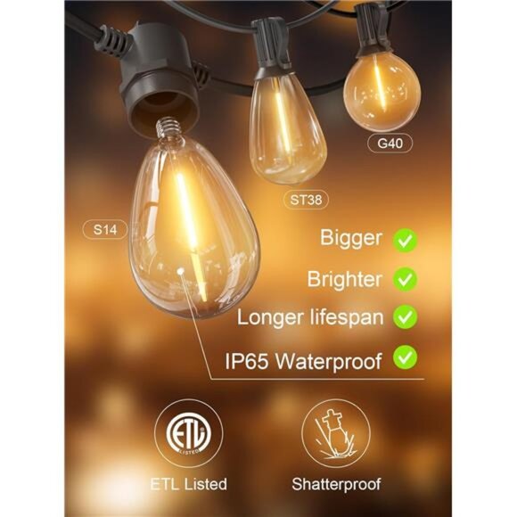 Outdoor String Lights 100 FT, Patio Light for Outside with Shatterproof Bulbs - Picture 6 of 7